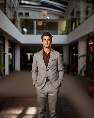 Gray Striped Suit with Burgundy Polo Shirt